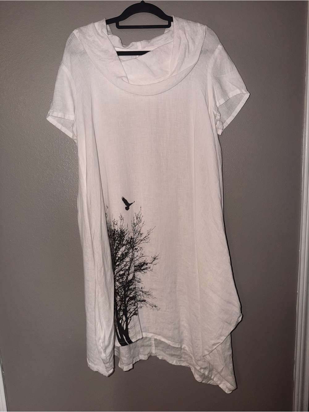 Asymmetrical White Tunic Dress with Tree & Bird Motif
